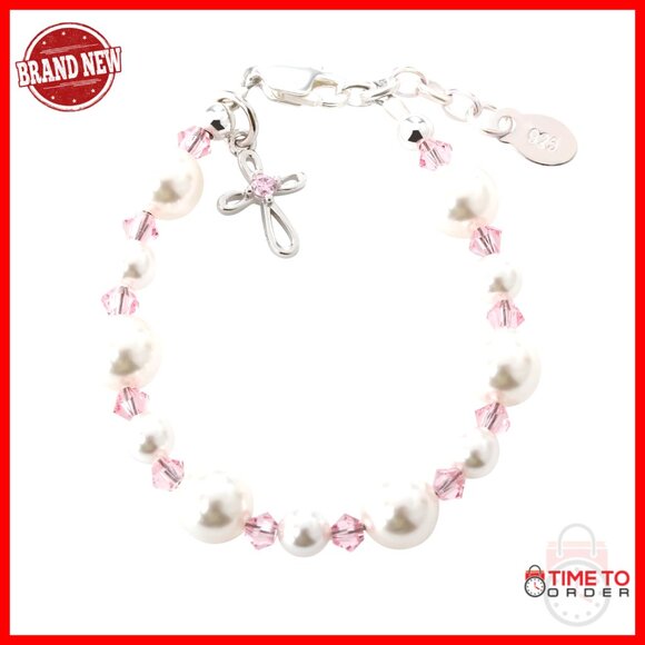 Sterling Silver Adjustable Bracelet with Pearls Crystals Cross Charm